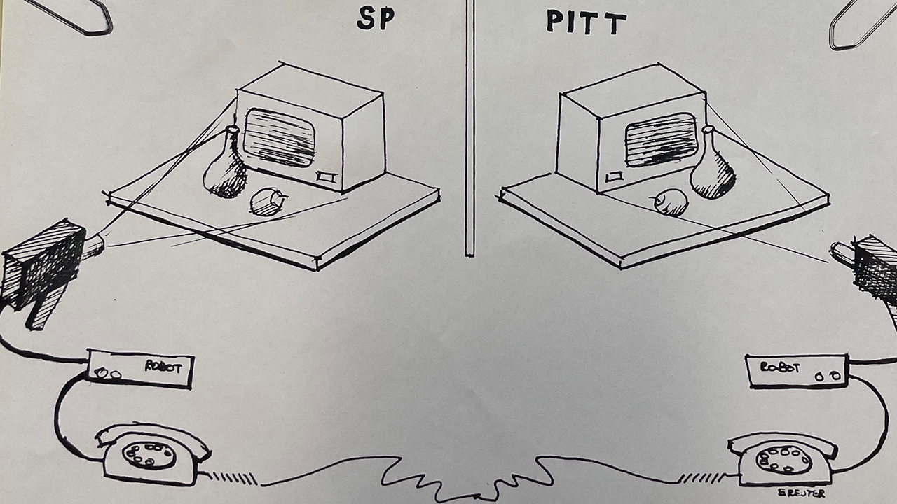 Hand-drawn sketch showing two nearly identical setups mirrored and connected through cable.